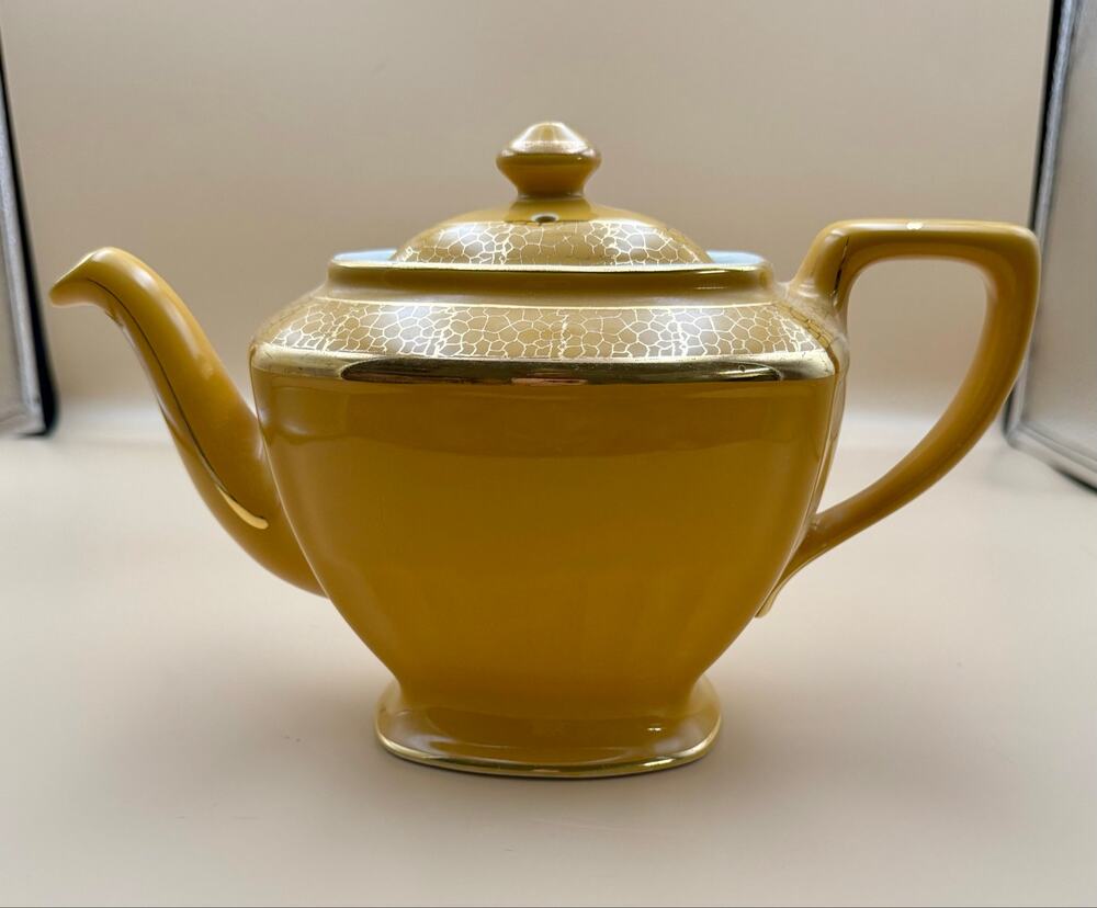 Vintage Hall China 6 Cup Teapot Burnt Orange Gold Crackle Art Deco USA
